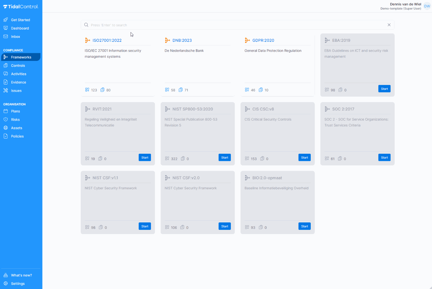 Frameworks page with KPIs